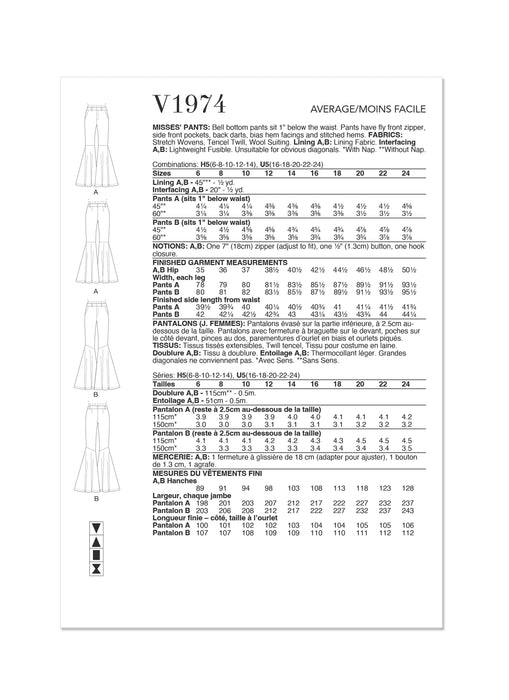 Vogue Sewing Pattern 1974 Misses' Pants from Jaycotts Sewing Supplies