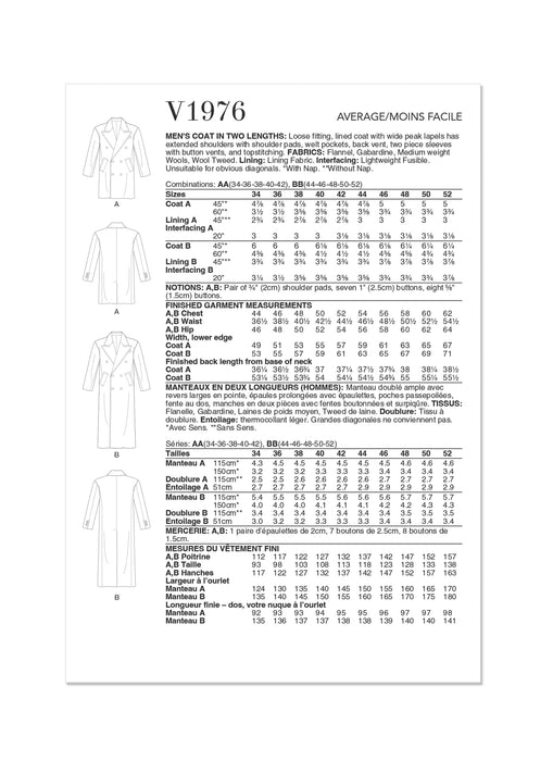 Vogue Sewing Pattern 1976 Men's Coat in Two Lengths from Jaycotts Sewing Supplies