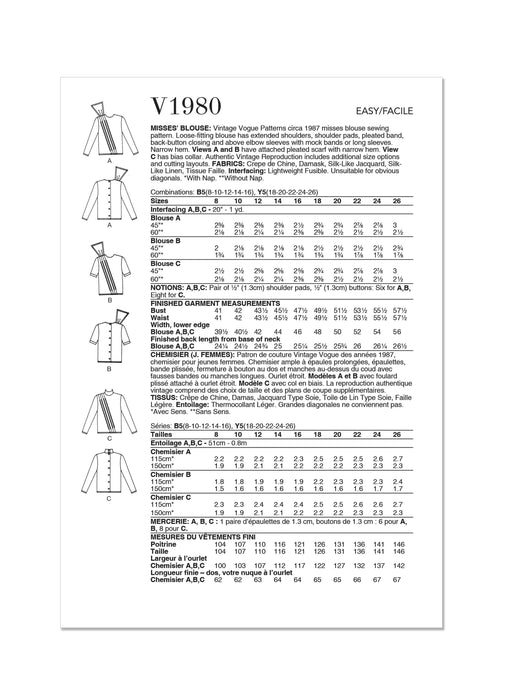 Vogue Sewing Pattern 1980 Misses' Blouse from Jaycotts Sewing Supplies