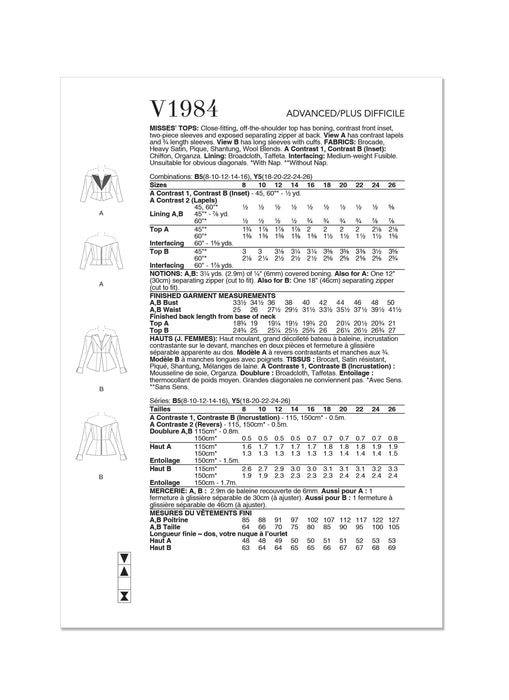 Vogue Sewing Pattern 1984 Misses' Tops from Jaycotts Sewing Supplies