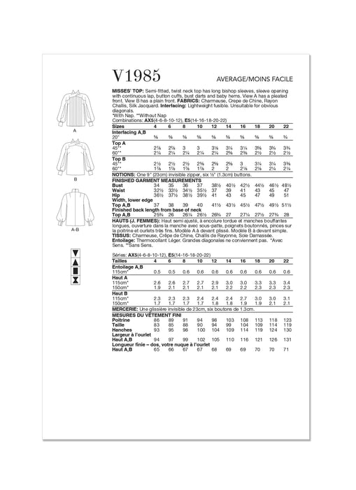 Vogue Sewing Pattern 1985 Misses' Tops from Jaycotts Sewing Supplies