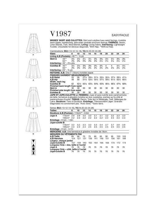 Vogue Sewing Pattern 1987 Misses' Skirt and Culottes from Jaycotts Sewing Supplies