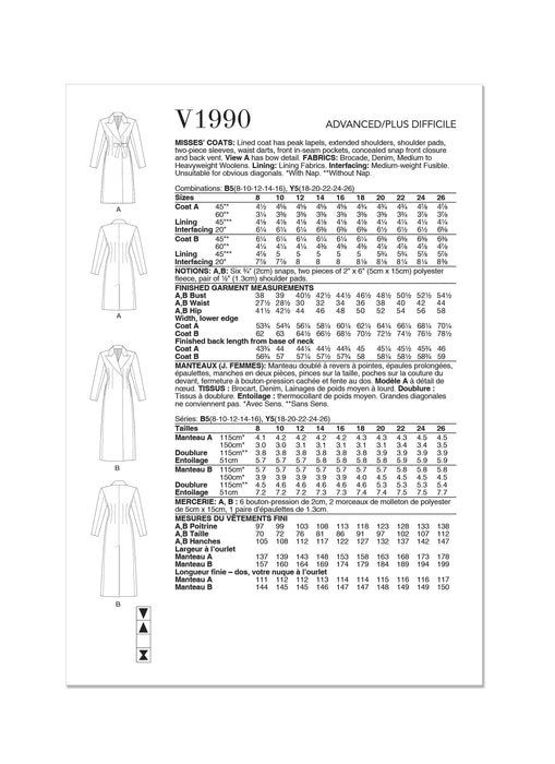 Vogue Sewing Pattern 1990 Misses' Coats from Jaycotts Sewing Supplies