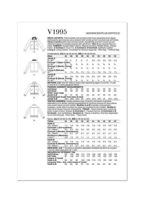 Vogue Sewing Pattern 1995 Men's Jackets from Jaycotts Sewing Supplies