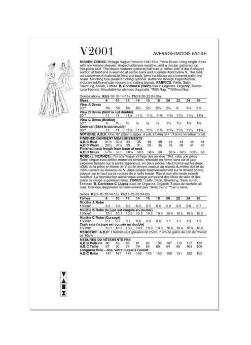 Vogue Sewing Pattern 2001 Vintage 1940's Dress from Jaycotts Sewing Supplies