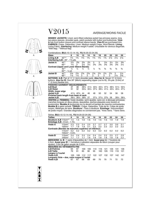 Vogue Sewing Pattern 2015 Misses' Jackets from Jaycotts Sewing Supplies