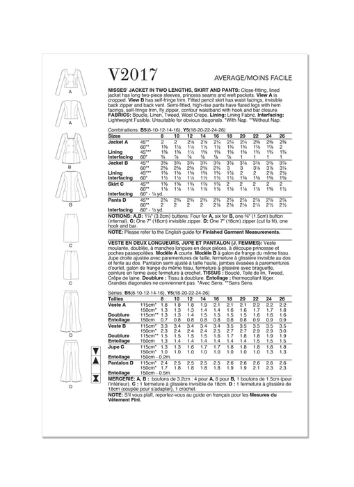 Vogue Sewing Pattern 2017 Skirt Suit / Trouser Suit Pattern from Jaycotts Sewing Supplies