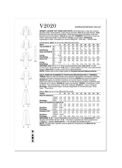 Vogue Sewing Pattern 2020 Misses' Lounge Top, Robe and Pants from Jaycotts Sewing Supplies