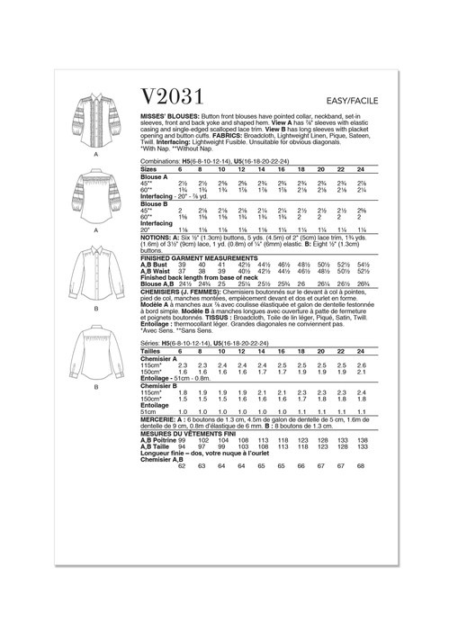 Vogue sewing pattern 2031 Blouses from Jaycotts Sewing Supplies