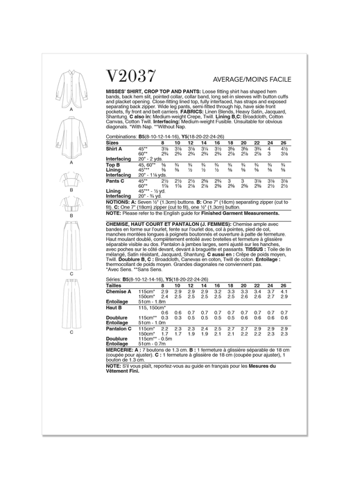 Vogue sewing pattern 2037 Shirt, Crop Top and Pants from Jaycotts Sewing Supplies