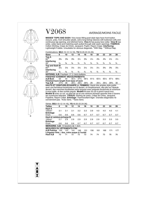 Vogue Sewing Pattern 2068 Misses' Tops and Sash from Jaycotts Sewing Supplies