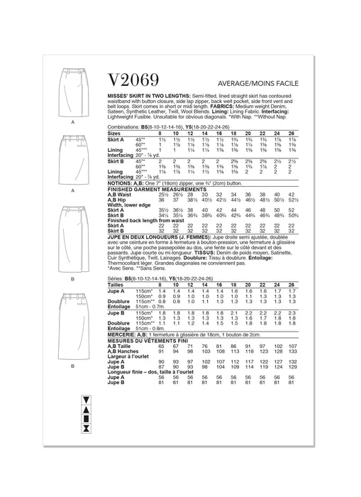 Vogue Sewing Pattern 2069 Misses' Skirt in Two Lengths from Jaycotts Sewing Supplies