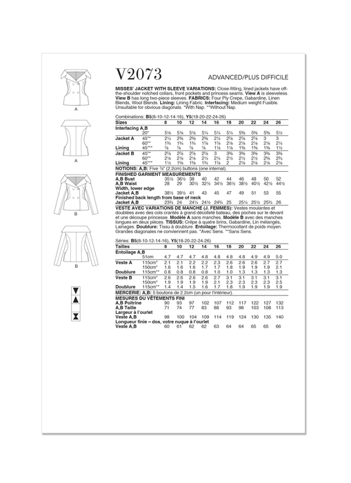 Vogue Sewing Pattern 2073 Misses' Jacket with Sleeve Variations from Jaycotts Sewing Supplies