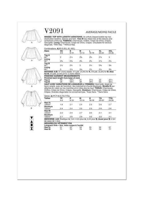 Vogue Sewing Pattern 2091 Bubble Top from Jaycotts Sewing Supplies