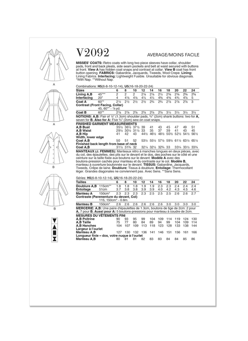 Vogue Sewing Pattern 2092 Retro Coats from Jaycotts Sewing Supplies