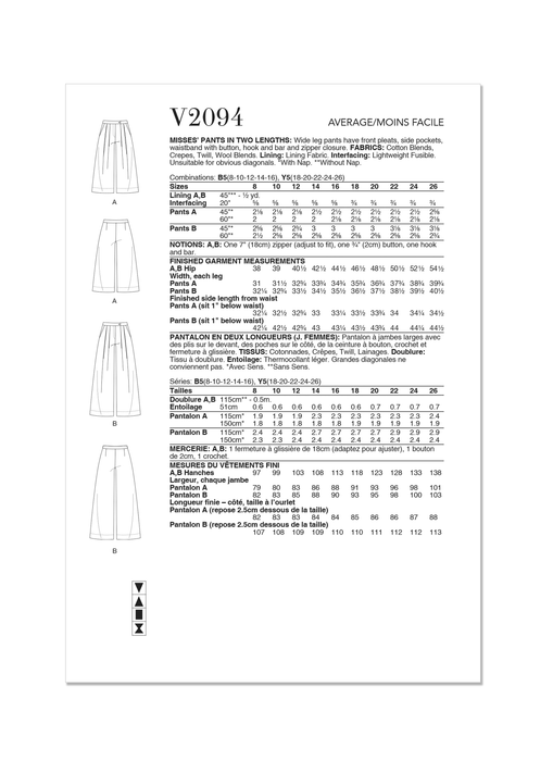 Vogue Sewing Pattern 2094 Women's Wide leg trousers from Jaycotts Sewing Supplies