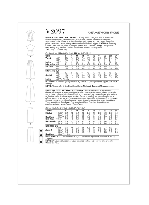 Vogue Sewing Pattern 2097 Top, Skirt and Trousers from Jaycotts Sewing Supplies