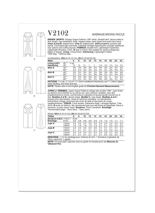 Vogue Sewing Pattern 2102 Vintage 1980's Skirts from Jaycotts Sewing Supplies