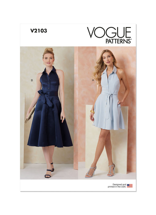 Vogue sewing pattern 2103 Halter dress in mini or midi length from Jaycotts Sewing Supplies