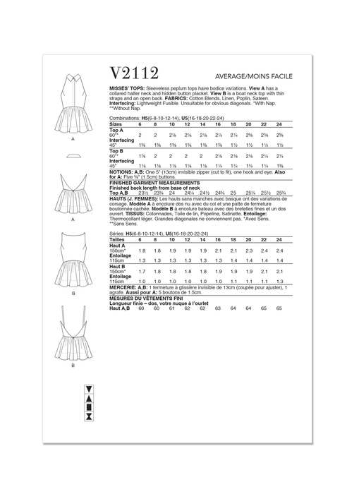 Vogue sewing pattern 2112 Sleeveless peplum tops from Jaycotts Sewing Supplies