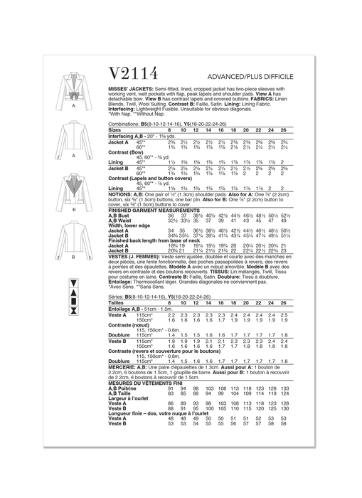 Vogue sewing pattern 2114 Cropped Jackets from Jaycotts Sewing Supplies