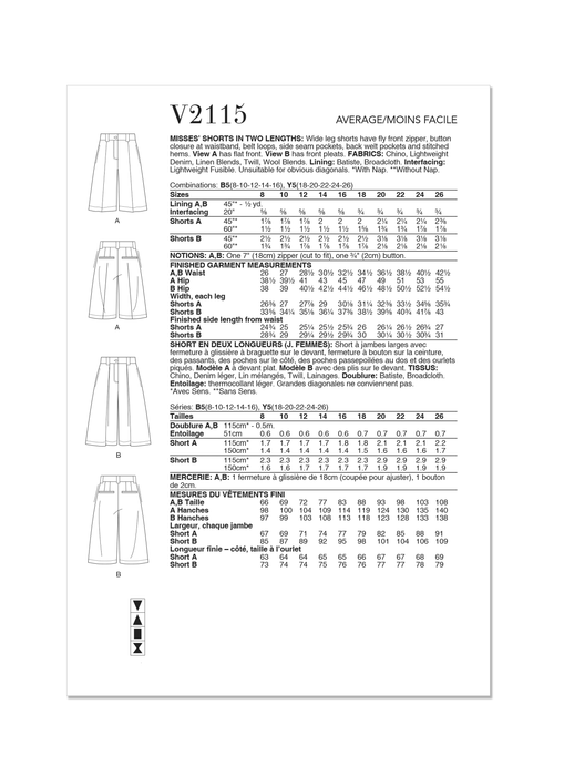 Vogue sewing pattern 2115 Wide leg shorts from Jaycotts Sewing Supplies
