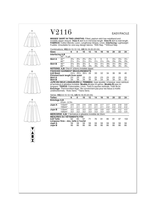Vogue sewing pattern 2116 Peplum Skirt from Jaycotts Sewing Supplies