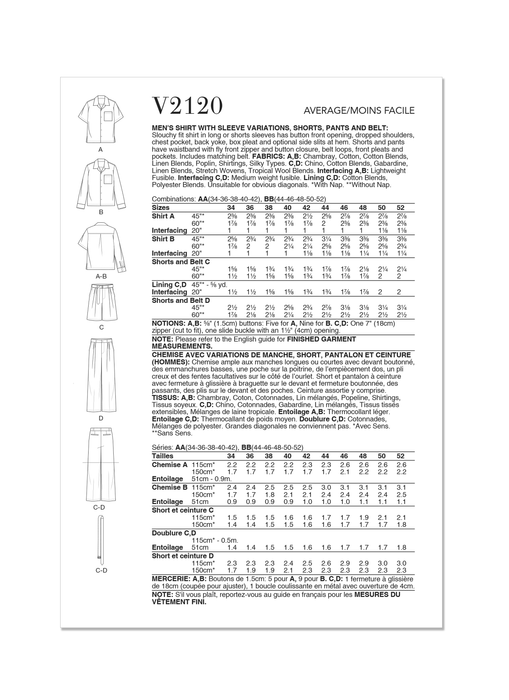 Vogue sewing pattern 2120 Men's Slouchy fit shirt from Jaycotts Sewing Supplies