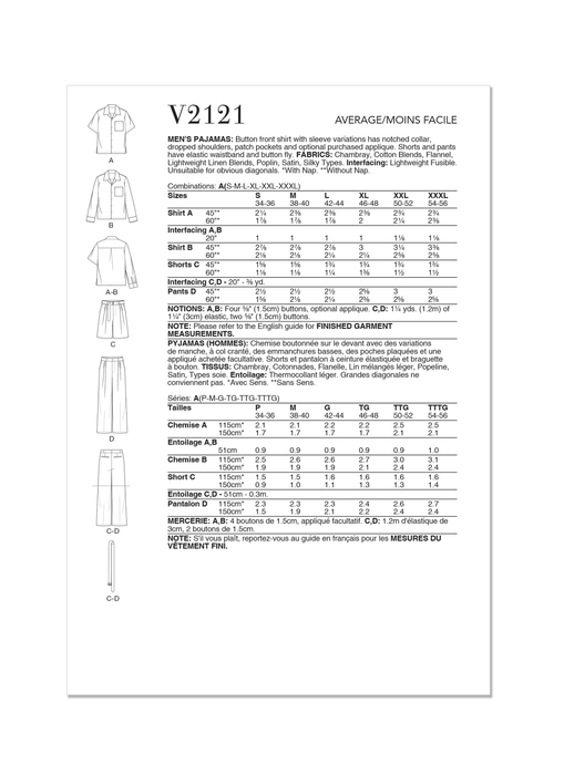 Vogue sewing pattern 2121 Men's Pajamas from Jaycotts Sewing Supplies