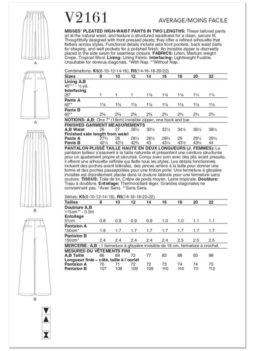 Vogue Patterns 2161 Misses' Pleated High Waist Trousers in Two Lengths from Jaycotts Sewing Supplies