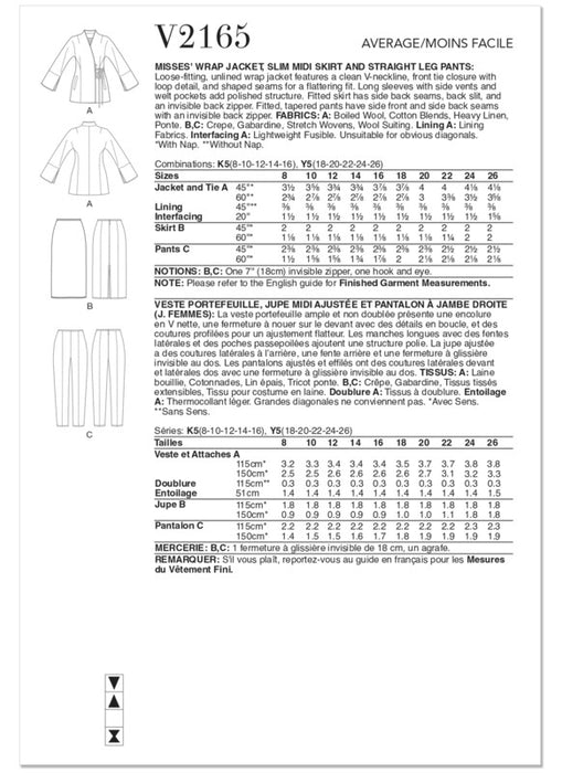 Vogue Patterns 2165 Misses' Wrap Jacket, Slim Midi Skirt and Straight Leg Pants from Jaycotts Sewing Supplies