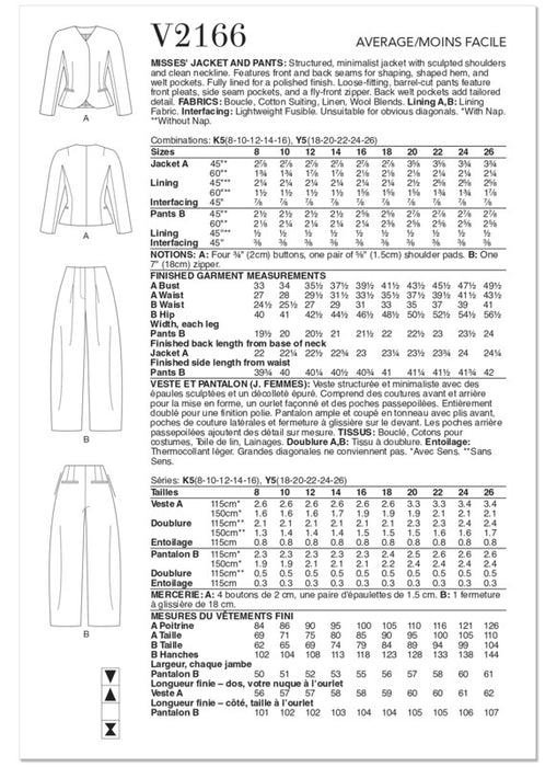 Vogue Patterns 2166 Misses' Jacket and Pants from Jaycotts Sewing Supplies