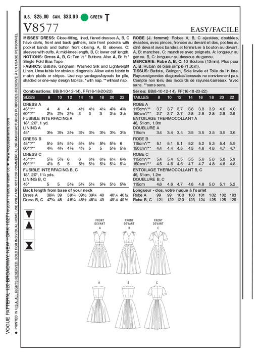 Vogue Pattern 8577 Misses' Dress | Very Easy from Jaycotts Sewing Supplies