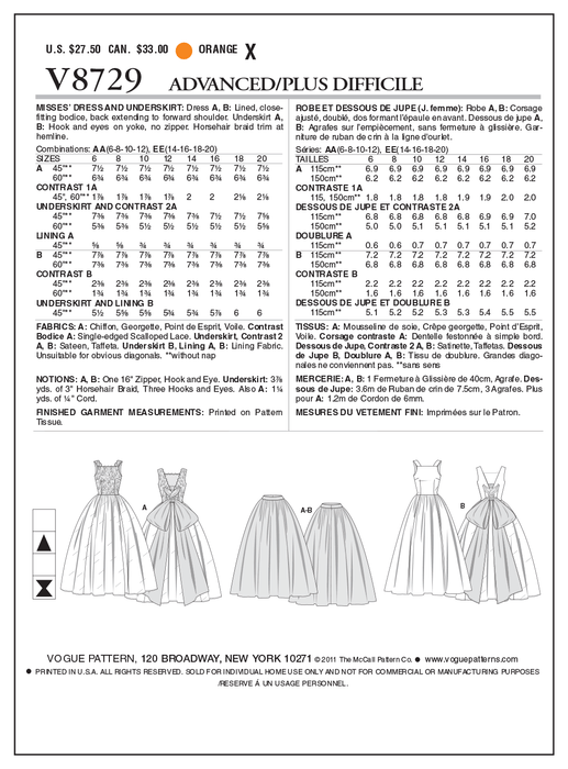 Vogue Pattern 8729  Vintage 1950's Wedding Dress and Underskirt from Jaycotts Sewing Supplies