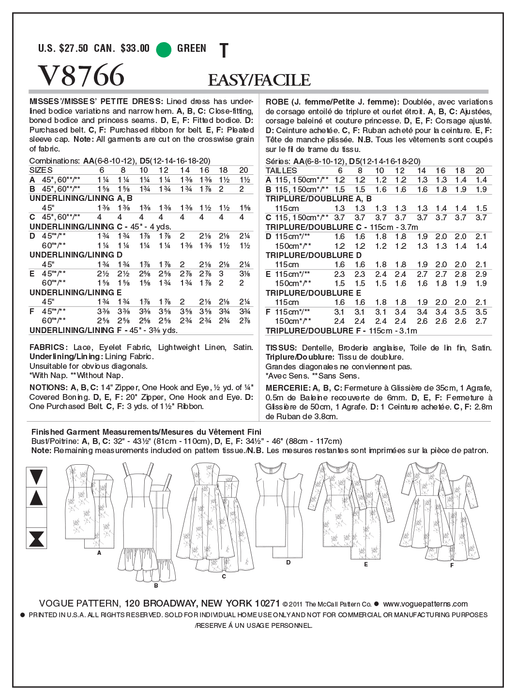 Vogue Pattern 8766 Misses' Petite Dress | Easy from Jaycotts Sewing Supplies
