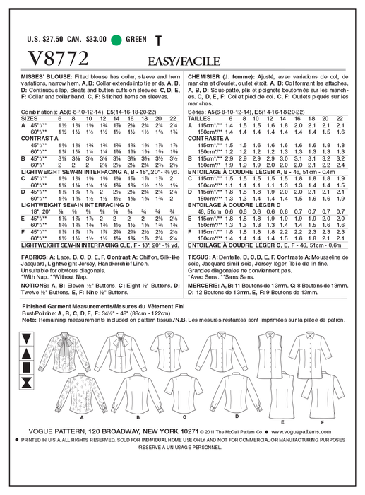 Vogue Pattern 8772 Misses' Blouse | Easy from Jaycotts Sewing Supplies
