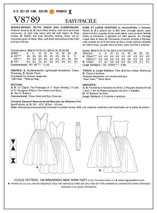 Vogue Pattern 8789 Vintage 1957 Dress and Cummerbund | Easy from Jaycotts Sewing Supplies