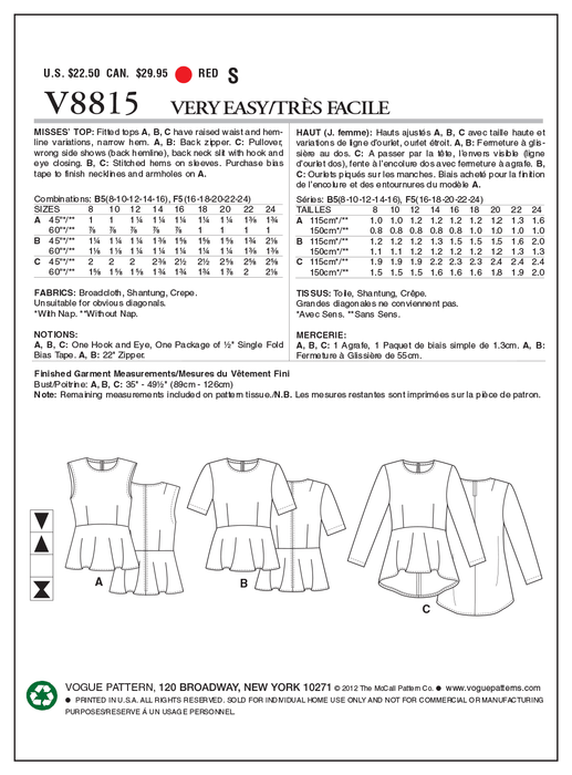 Vogue Pattern 8815  Misses' Top | Very Easy from Jaycotts Sewing Supplies