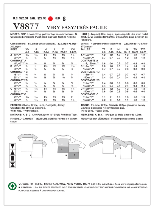 Vogue Pattern 8877 Misses' Top Very Easy from Jaycotts Sewing Supplies