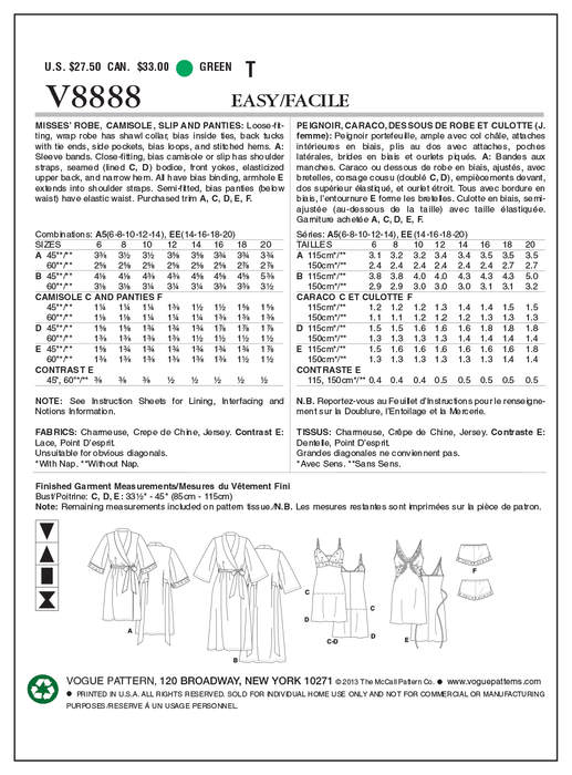 Vogue Pattern 8888 Misses' Robe, Slip, Camisole and Panties from Jaycotts Sewing Supplies