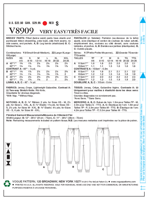 Vogue Pattern 8909 Misses' Pants | Very Easy from Jaycotts Sewing Supplies