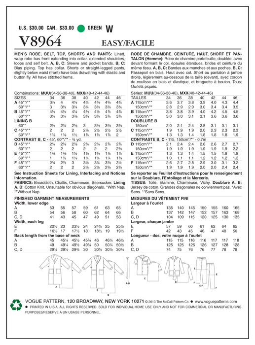 Vogue Pattern 8964 Men's Pyjamas and robe from Jaycotts Sewing Supplies