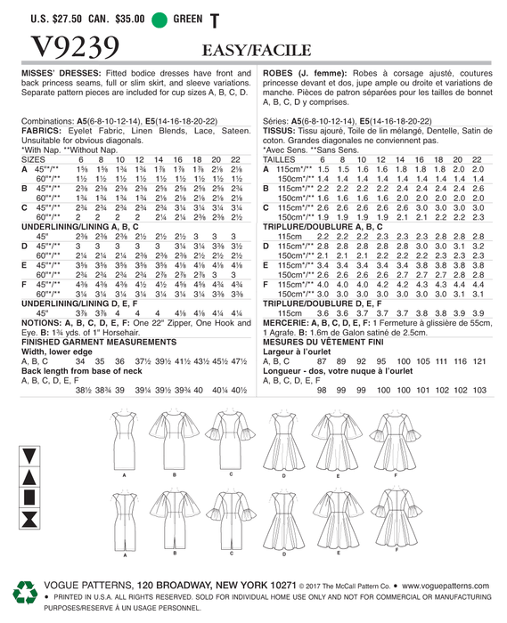 Vogue 9239 Misses' Princess Seam Dresses Pattern from Jaycotts Sewing Supplies
