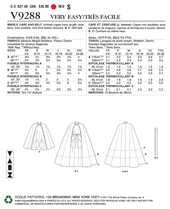 Vogue Pattern 9288 Cape with Stand Collar, Pockets, and Belt from Jaycotts Sewing Supplies