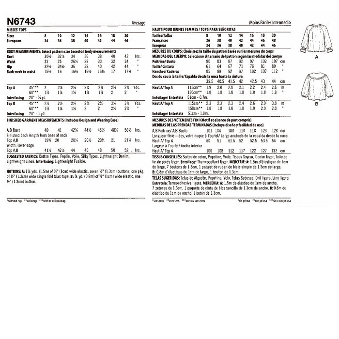 New Look Sewing Pattern 6743 Misses' Tops from Jaycotts Sewing Supplies