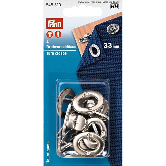 Pack of 4 Prym Metal Turn Clasps Silver 33mm size
