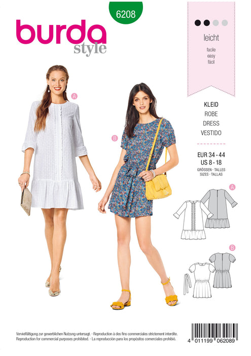 Burda Pattern 6208  Dress – Casual Fit – 
Hem Frills from Jaycotts Sewing Supplies