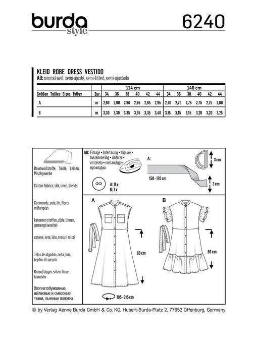 Burda Pattern 6240  Dress with Button Fastening –
 Stand Collar – Frills from Jaycotts Sewing Supplies
