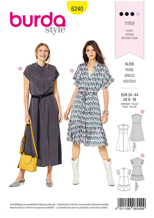 Burda Pattern 6240  Dress with Button Fastening –
 Stand Collar – Frills from Jaycotts Sewing Supplies