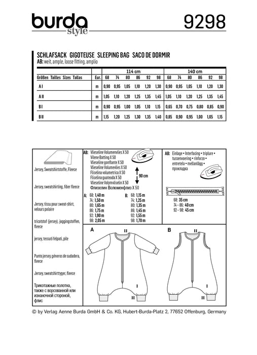 Burda Pattern 9298 Toddlers' Sleeping Bag with Legs – 
Overall Sleeping Bag from Jaycotts Sewing Supplies